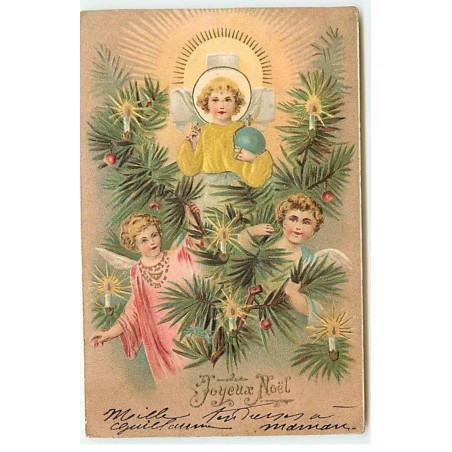 n°21328 - Carte Gaufrée - Joyeux Noël - Anges au milieu de branches de sapin