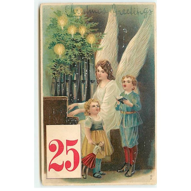 n°21329 - Carte Gaufrée - Christmas Greetings - Enfants chantant près d'un ange gardien jouant sur un orgue