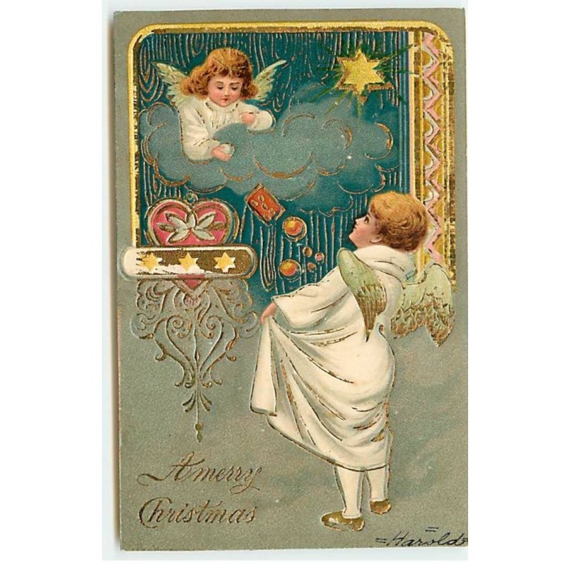 n°21331 - Carte Gaufrée - A Merry Christmas - Deux anges, l'un dans un nuage lançant des fruits