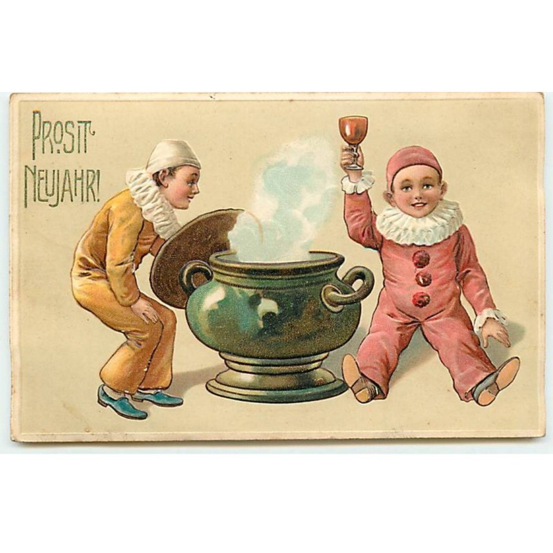 n°21332 - Carte Gaufrée - Prosit Neujahr - Deux enfants habillés en Pierrot autour d'un chaudron