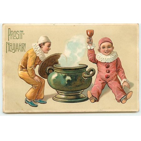 n°21332 - Carte Gaufrée - Prosit Neujahr - Deux enfants habillés en Pierrot autour d'un chaudron