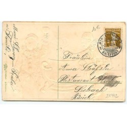 n°21332 - Carte Gaufrée - Prosit Neujahr - Deux enfants habillés en Pierrot autour d'un chaudron