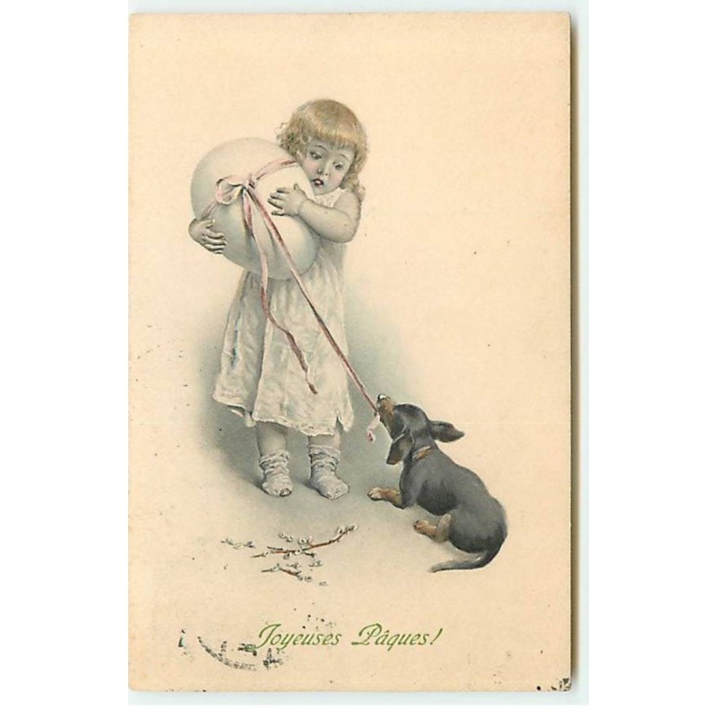 n°21341 - Joyeuses Pâques - MM Vienne n°254 - Fillette portant un oeuf, un teckel tirant sur le ruban autour de l'oeuf
