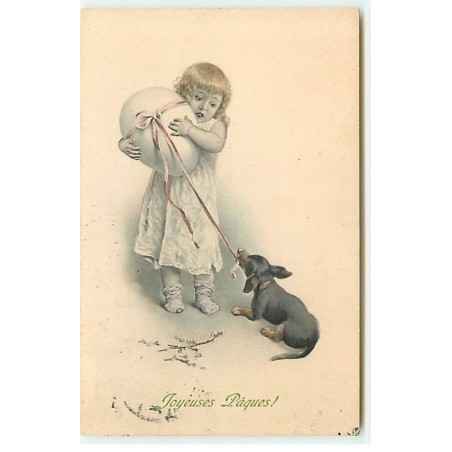 n°21341 - Joyeuses Pâques - MM Vienne n°254 - Fillette portant un oeuf, un teckel tirant sur le ruban autour de l'oeuf