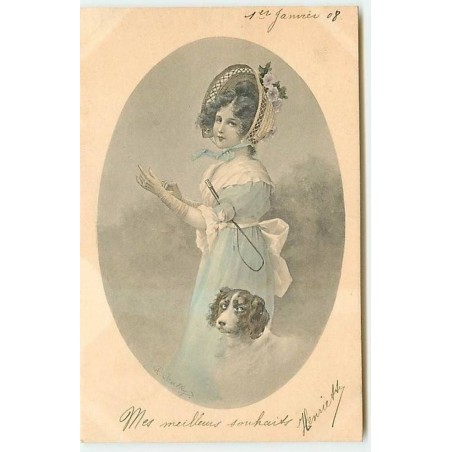 n°11274 - Carte Illustrateur - Viennoise - Krahzi - Femme avec son chien