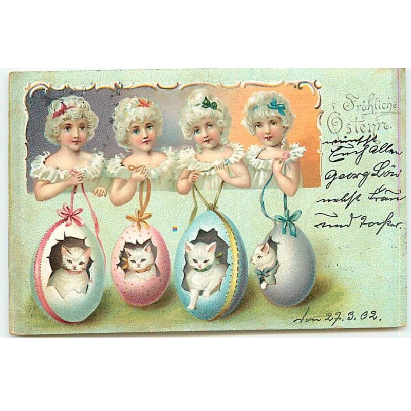 n°21345 - Fröhliche Ostern - Jeunes femmes portant des chats dans des oeufs