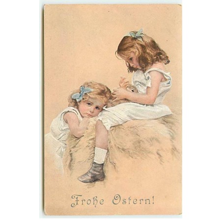 n°21346 - Fröhe Ostern - Deux fillettes câlinant un lapin