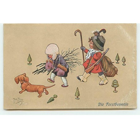 n°21355 - Arthur Thiele - Die Forstbeamtin - Enfants, un en chasseur, l'autre portant un fagot de bois, et un teckel