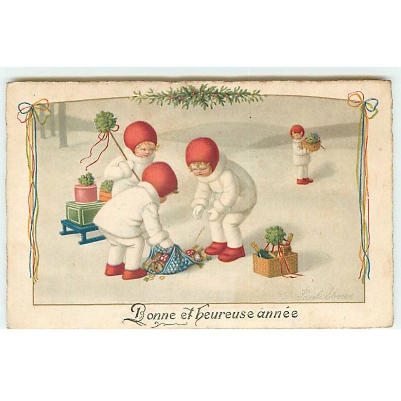 n°21356 - Pauli Ebner - Bonne et Heureuse année - Fillettes ramassant des champignons, et des trèfles