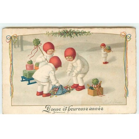 n°21356 - Pauli Ebner - Bonne et Heureuse année - Fillettes ramassant des champignons, et des trèfles