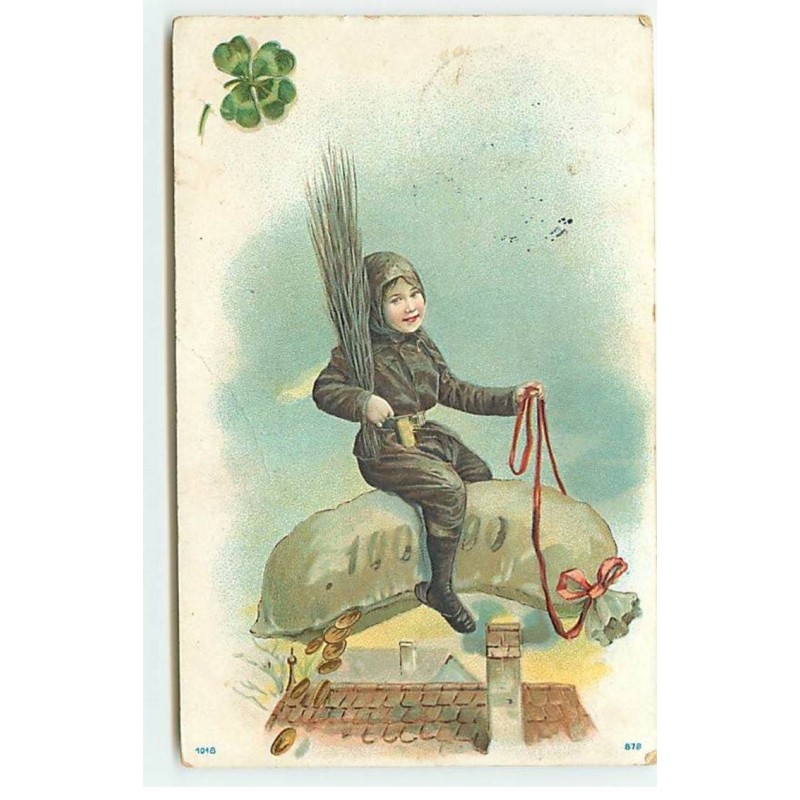 n°21366 - Carte Gaufrée - Petit Ramoneur à califourchon sur un sac rempli de pièces d'or