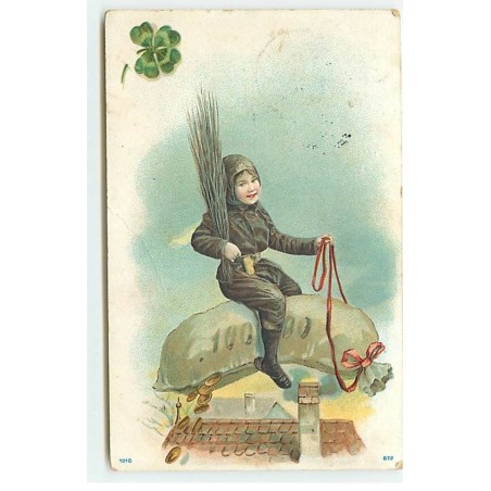 n°21366 - Carte Gaufrée - Petit Ramoneur à califourchon sur un sac rempli de pièces d'or
