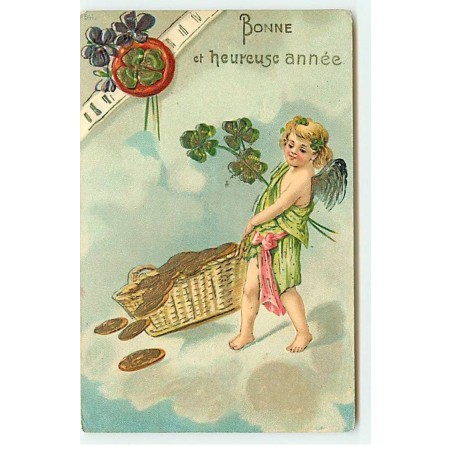 n°21367 - Carte Gaufrée - Bonne et Heureuse Année - Ange portant un panier rempli de pièces d'or