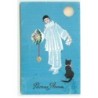n°21371 - Carte Peinte à la Main - Bonne Année - Pierrot avec un bouquet regardant un chat noir