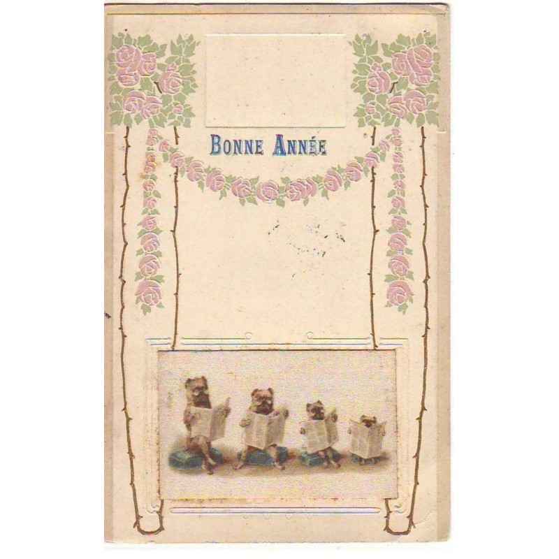 n°21372 - Bonne Année - Bouledogues lisant des journaux - soie - silk