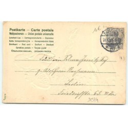 n°21374 - Carte Gaufrée - Prosit Neujahr - Jeune femme renversant des pièces d'or dans un chapeau haut de forme