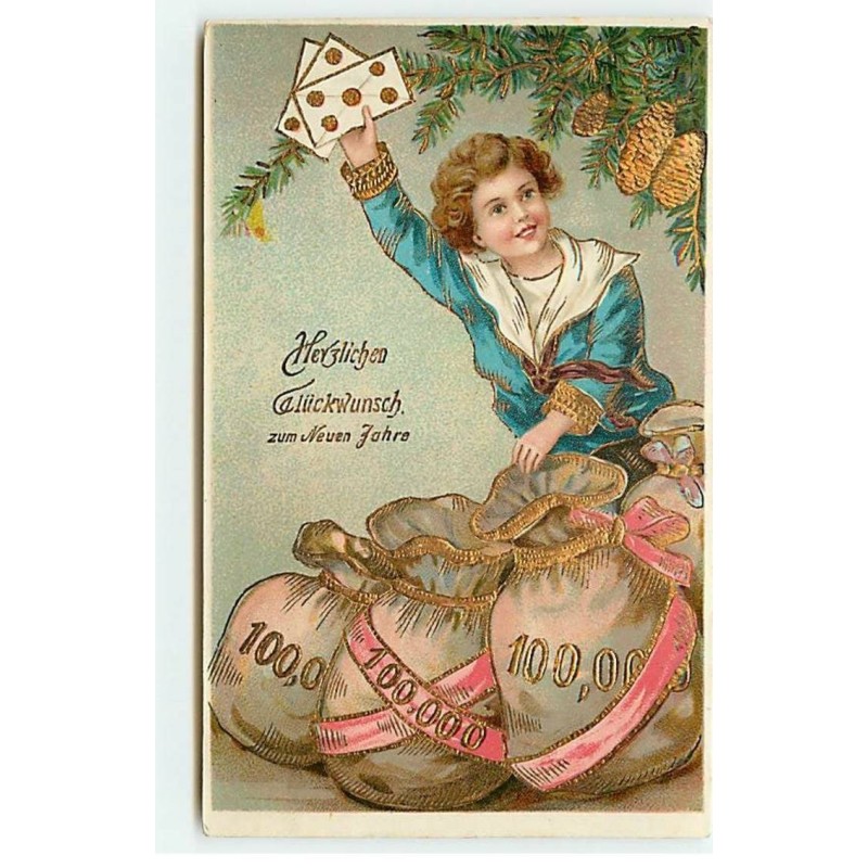 n°21379 - Herzlichen Glückwunsch zum Neuen Jahr - Garçon près de sacs remplis de pièces