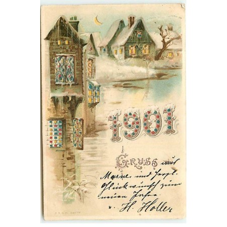 n°21380 - Carte à Système - Hold to Light - Gruss 1901 - Maisons