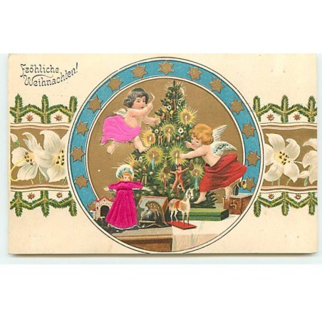 n°21383 - Carte Gaufrée - Fröhliche Weihnachten - Anges décorant un sapin avec des jouets autour