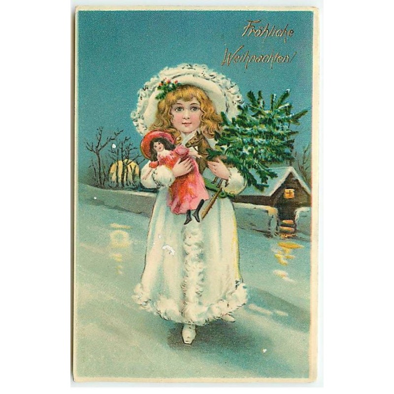 n°21386 - Fröhliche Weihnachten - Fillette portant un sapin, et une poupée