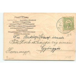 n°21388 - Carte Gaufrée - Boldog Karacsonyi ünnepeket - Nains poussant un traîneau chargé d'un sapin et de jouets