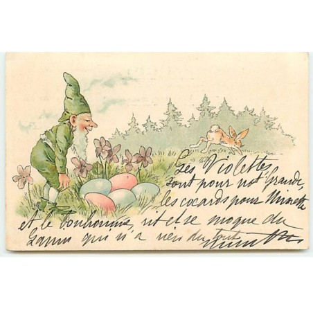 n°21396 - Nain près d'oeufs, et lièvres partant en courant