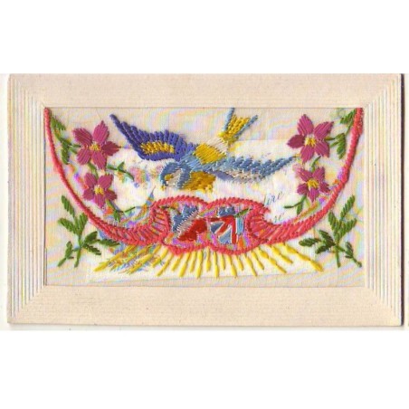 n°21402 - Carte Brodée avec rabat - Oiseau, fleurs et drapeaux