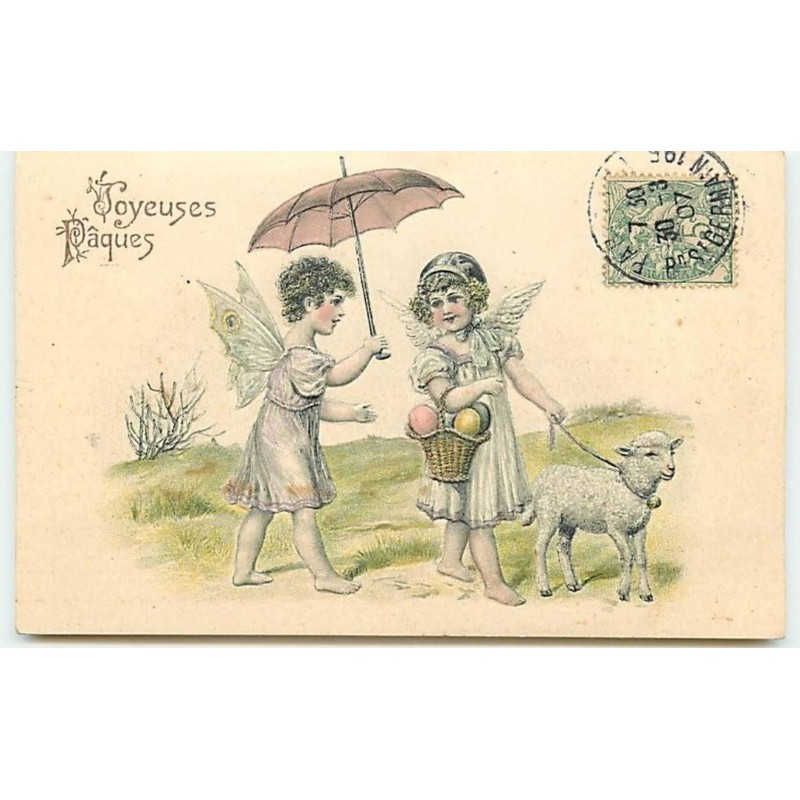 n°11281 - Carte Fantaisie Gaufrée - Joyeuses Pâques - Angelots et mouton