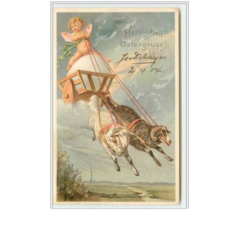 n°2141 - Herzlichen Ostergruss - Angelot et attelage de béliers