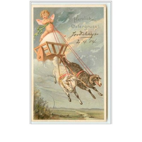 n°2141 - Herzlichen Ostergruss - Angelot et attelage de béliers