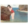 n°21410 - C. Jantsy-Horvath - Jeune femme en tenue de bain appuyée contre un rocher - Baigneuse