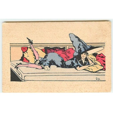 n°21411 - Zip - Jeune femme portant un très grand chapeau allongée