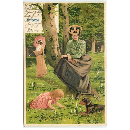 n°21413 - A. Mailick - Fillette cueillant des fleurs sous le regarde d'une femme et d'un teckel