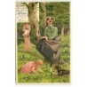n°21413 - A. Mailick - Fillette cueillant des fleurs sous le regarde d'une femme et d'un teckel