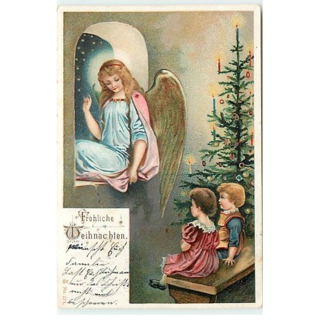 n°21419 - Fröhliche Weihnachten - Enfants près d'un sapin regardant un ange gardien