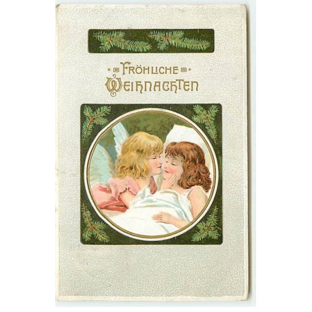 n°21421 - Carte Gaufrée - Fröhliche Weihnachten - Ange gardien embrassant une fillette dans un médaillon
