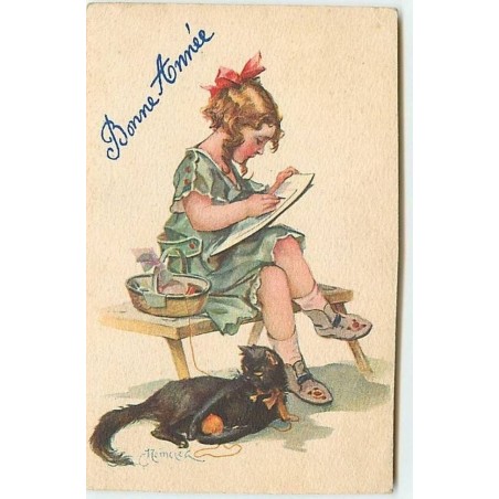 n°11284 - Carte Fantaisie - Bonne Année - Fillette et chat noir