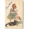 n°11284 - Carte Fantaisie - Bonne Année - Fillette et chat noir