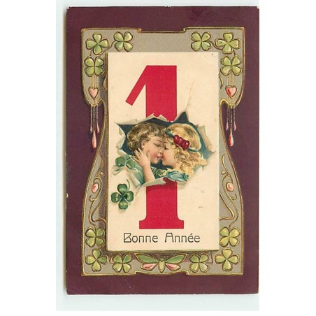 n°21424 - Carte Gaufrée - Bonne Année - Deux enfants s'embrassant