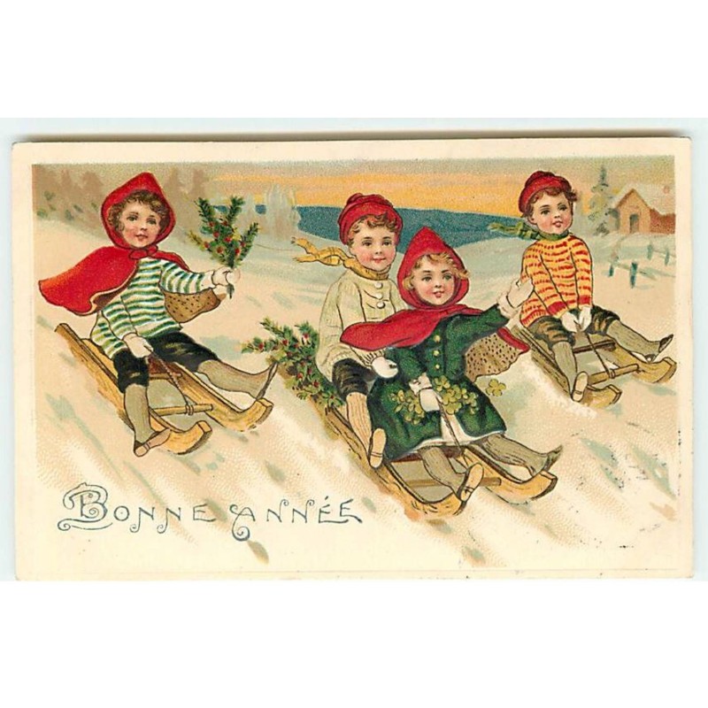 n°21425 - Carte Gaufrée - Bonne Année - Enfants sur des luges
