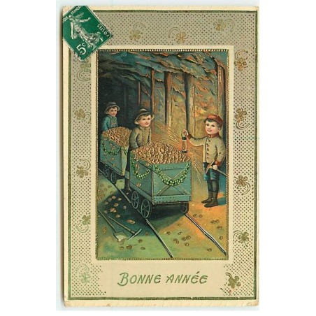 n°21426 - Bonne Année - Garçons dans un mine poussant des wagons remplis de pièces d'or