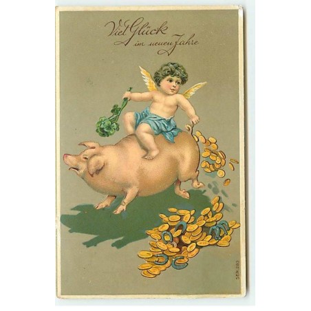 n°21430 - Carte Gaufrée - Viel Glück im Neuen Jahr - Ange assis sur un cochon, et des pièces d'or et fers à cheval