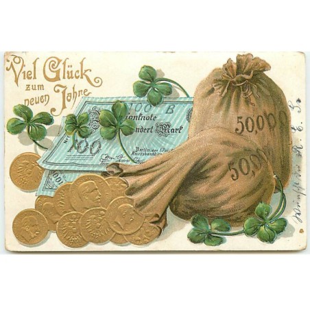 n°21431 - Carte Gaufrée - Viel Glück zum Neuen Jahr - Billets de Banque, sacs remplis de pièces d'or et trèfles