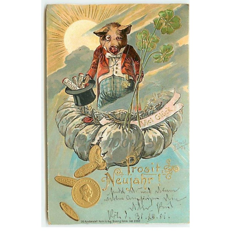 n°21432 - Carte Gaufrée - Viel Glück Prosit Neujahr ! - Cochon habillé entouré de sacs remplis de pièces d'or