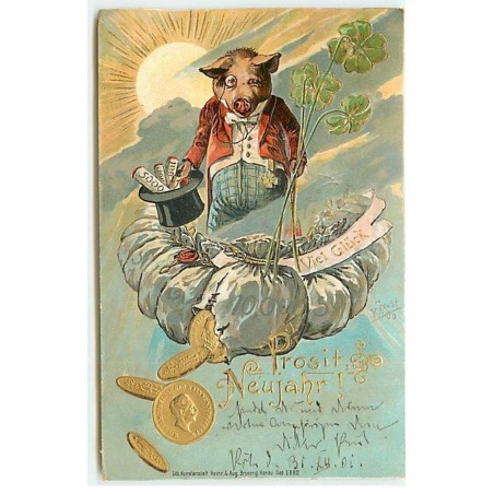 n°21432 - Carte Gaufrée - Viel Glück Prosit Neujahr ! - Cochon habillé entouré de sacs remplis de pièces d'or