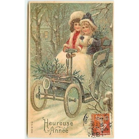 n°11286 - Carte Fantaisie Gaufrée - Heureuse Année - Fillettes dans une Automobile