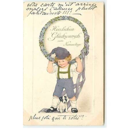n°21444 - Style Flatscher - Garçon portant une couronne de fleurs, avec un petit chien