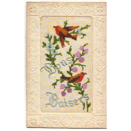 n°21451 - Carte Brodée - Bons Baisers - Oiseaux rouge-gorge