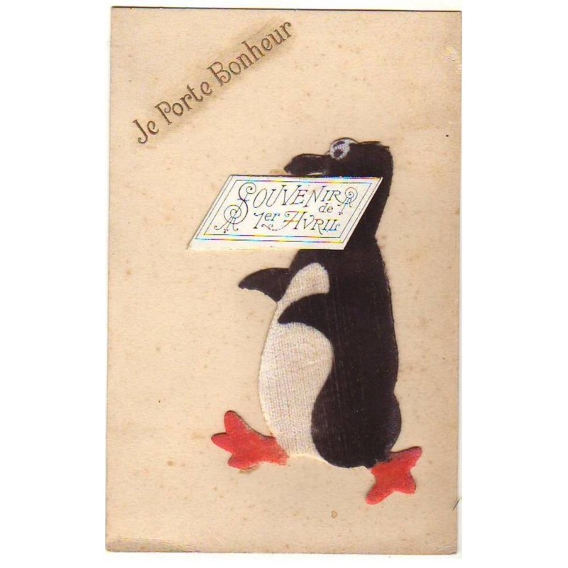 n°21452 - Je Porte Bonheur - Souvenir de 1er Avril - Pinguoin - Carte en feutrine