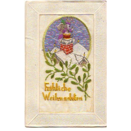 n°21454 - Carte Brodée -Fröhliche Weihnachten - Père Noël rentrant par une cheminée sur un toit